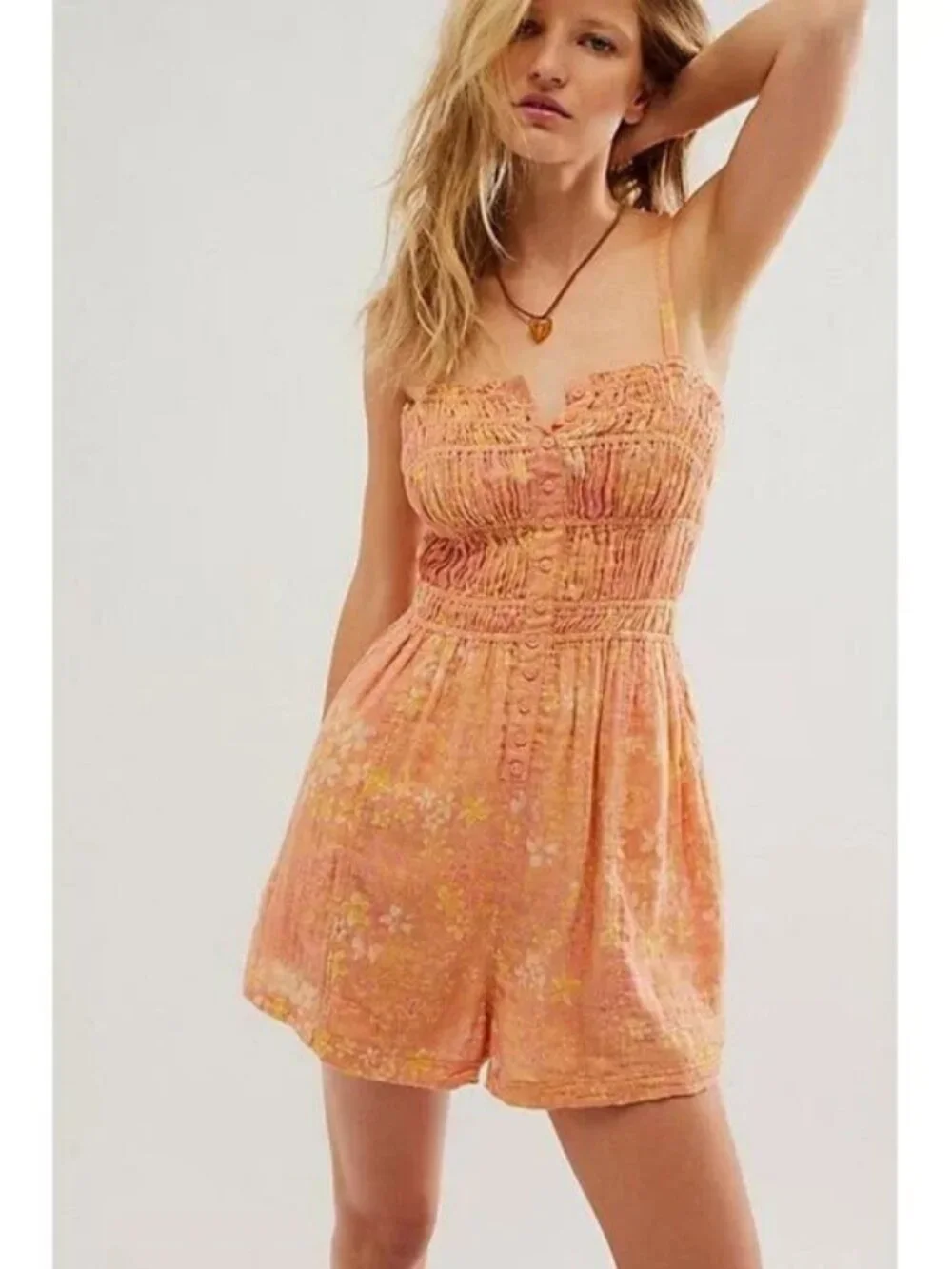 Free People FP One Sammi Romper Smocked Printed Button Straps M